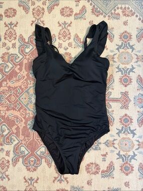 Black One-Piece Swimsuit with Ruffled Straps